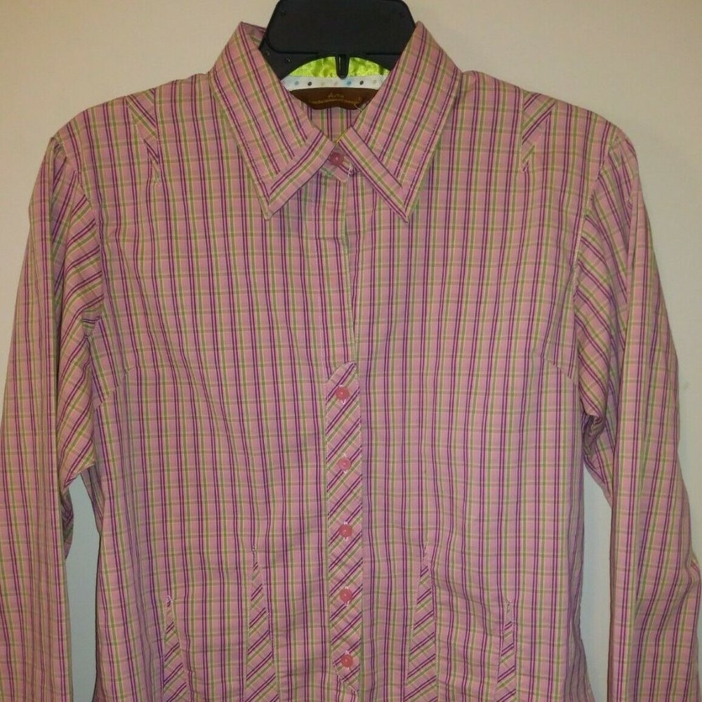 Aura By Wrangler Button Down Long Sleeve Plaid Striped Shirt Pink Women’s Size M